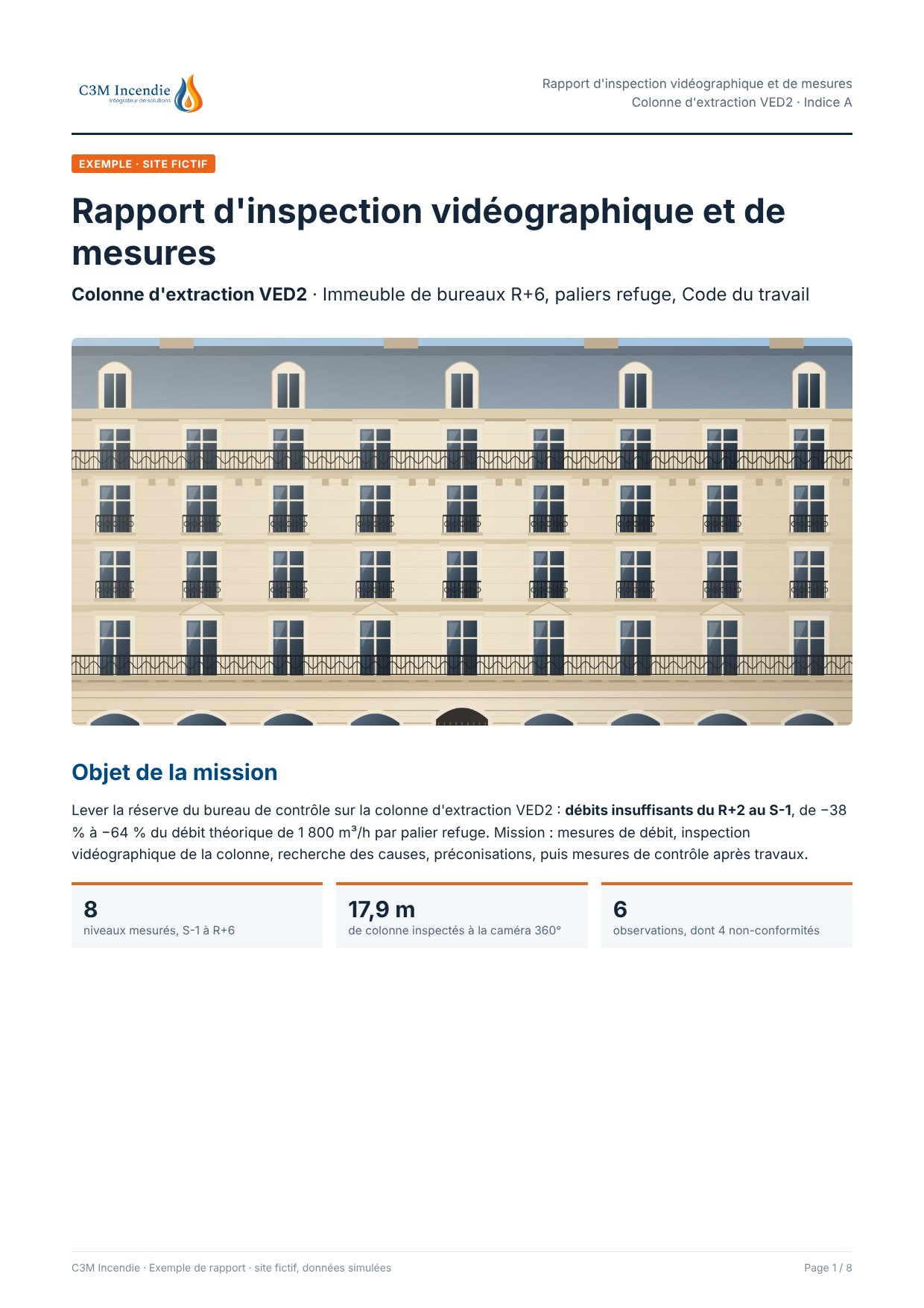 Exemple de rapport d'inspection vidéographique, page 1 : Objet de la mission