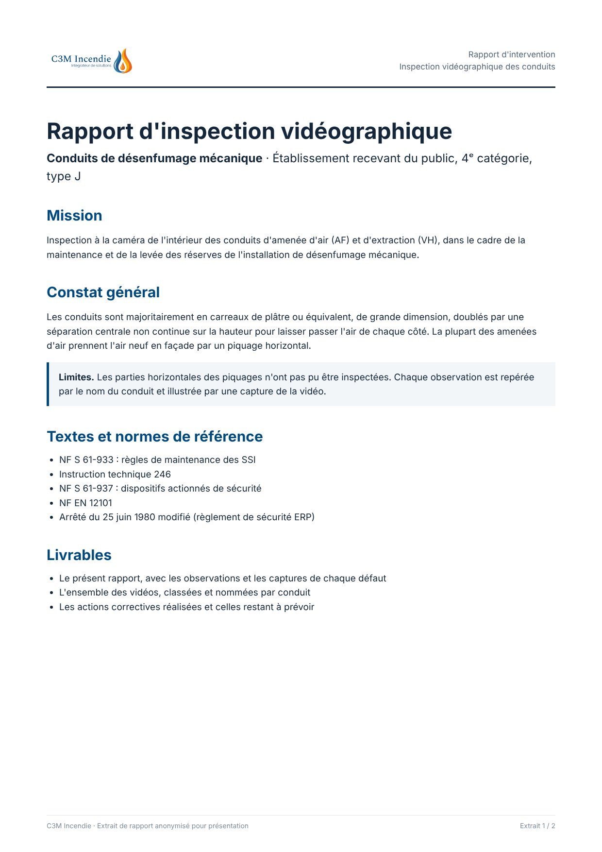 Extrait de rapport d'inspection vidéographique anonymisé, page 1 : mission, constat général, livrables