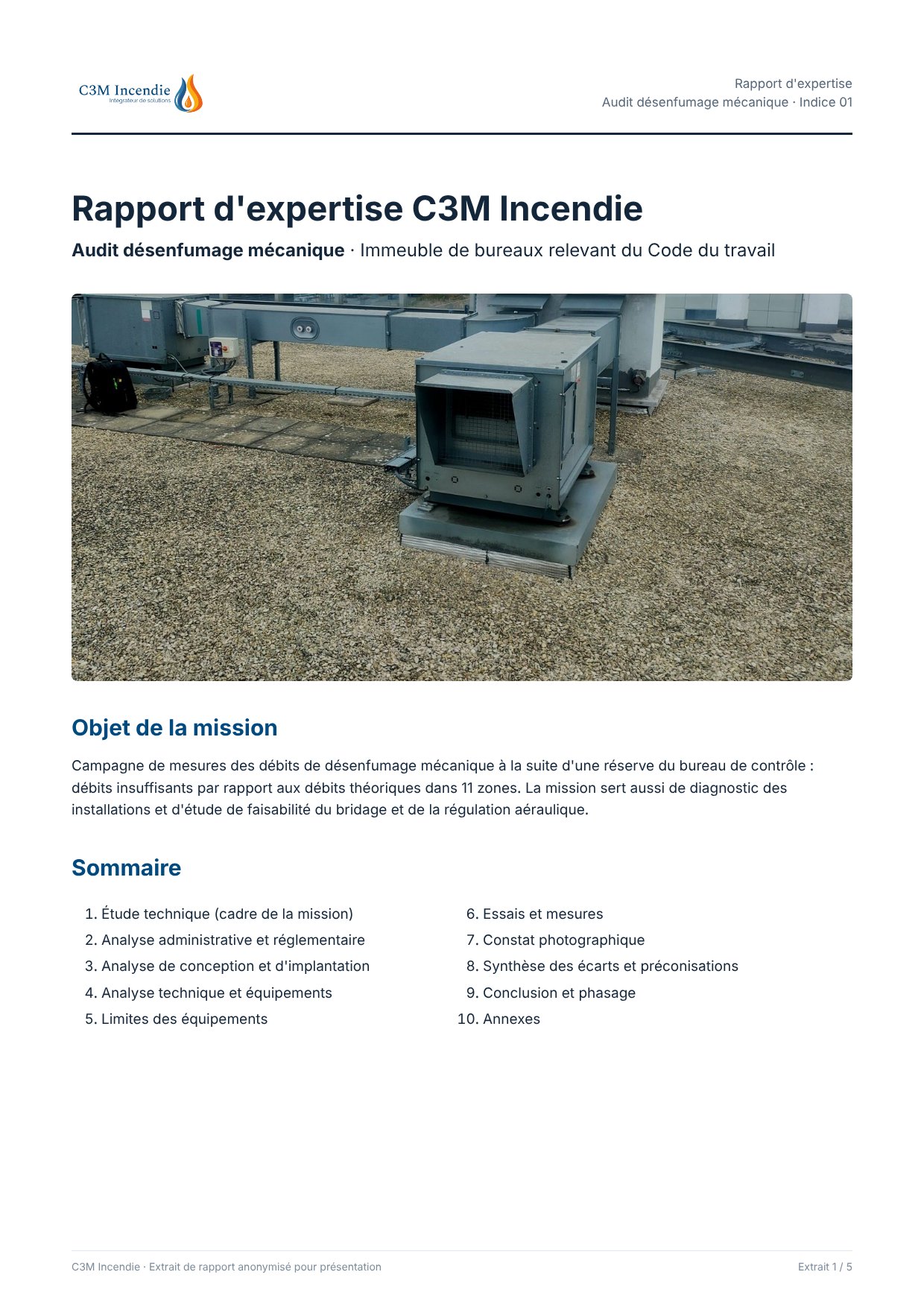 Extrait de rapport anonymisé, page 1 : Couverture et objet de la mission